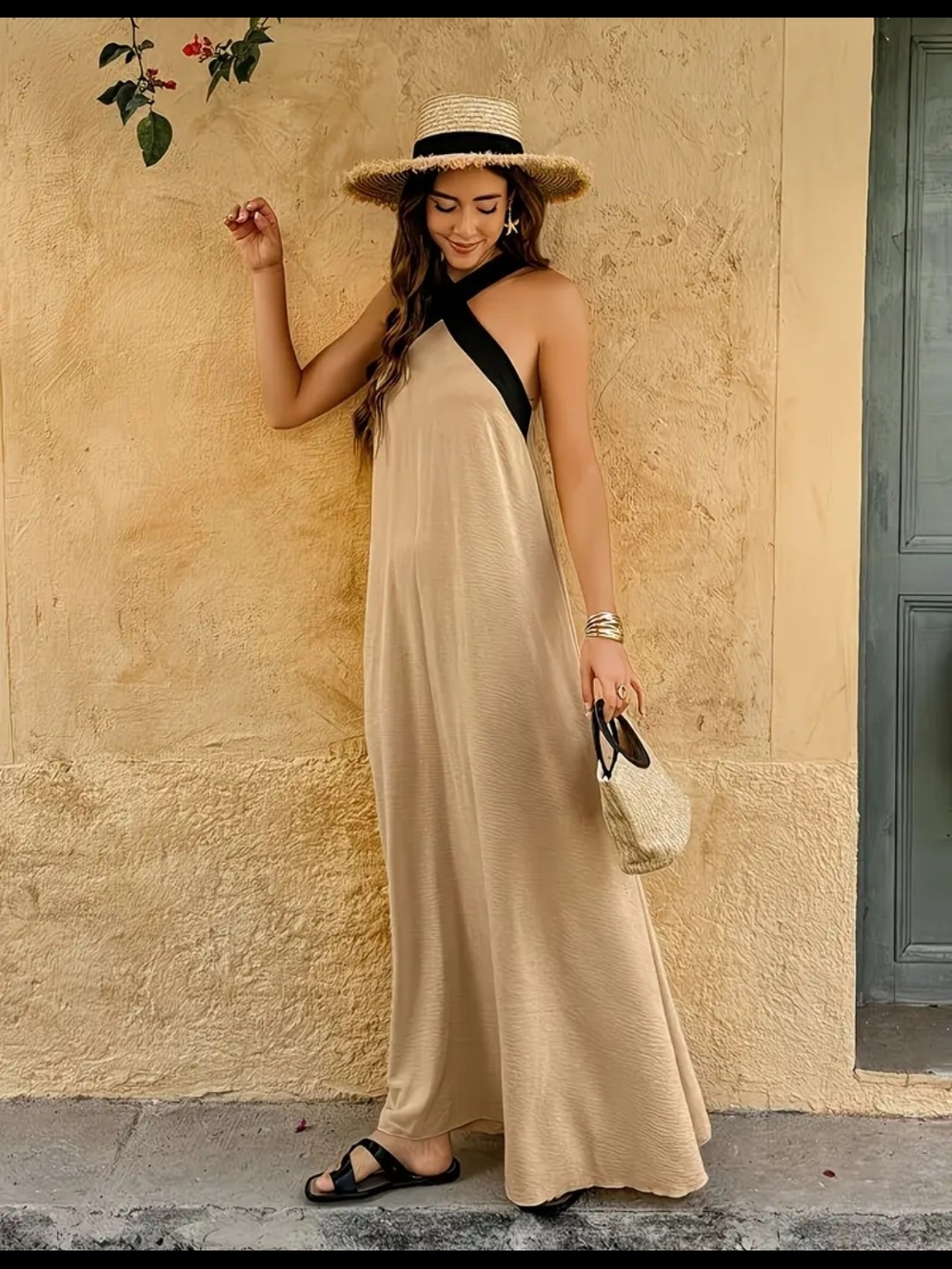 Sleeveless Crisscross Halter Maxi Dress in Tan with Black Trim